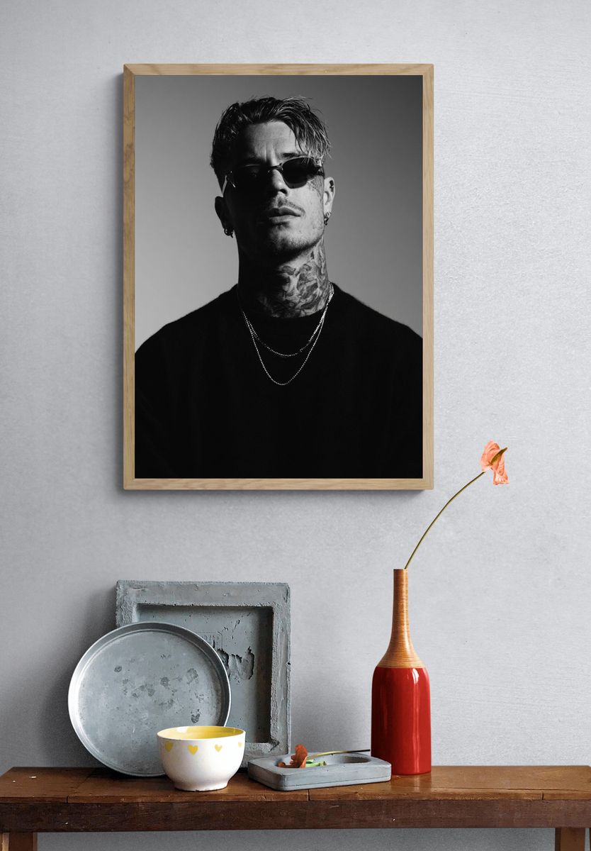 Tattooed Man in Sunglasses Portrait Print. — room view 3