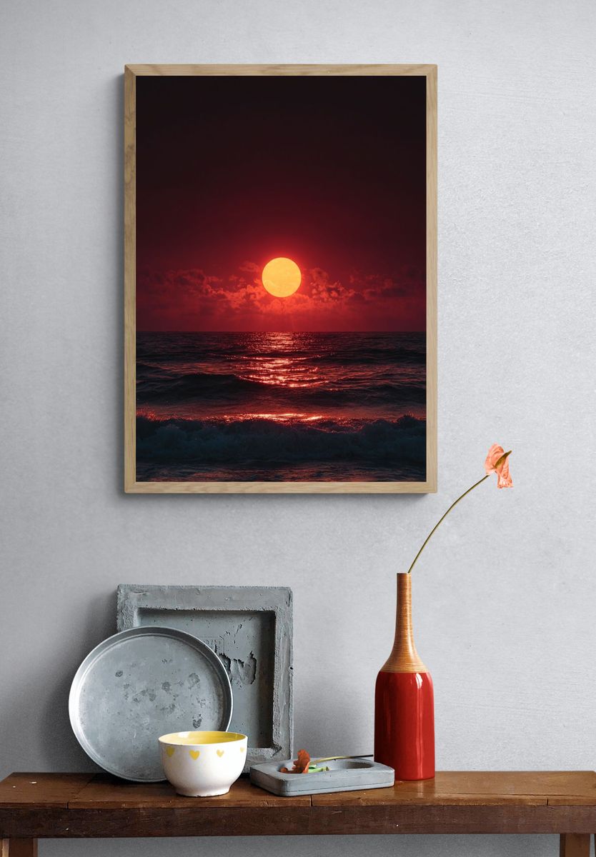 Crimson Ocean Sunset Photography Poster. — room view 3