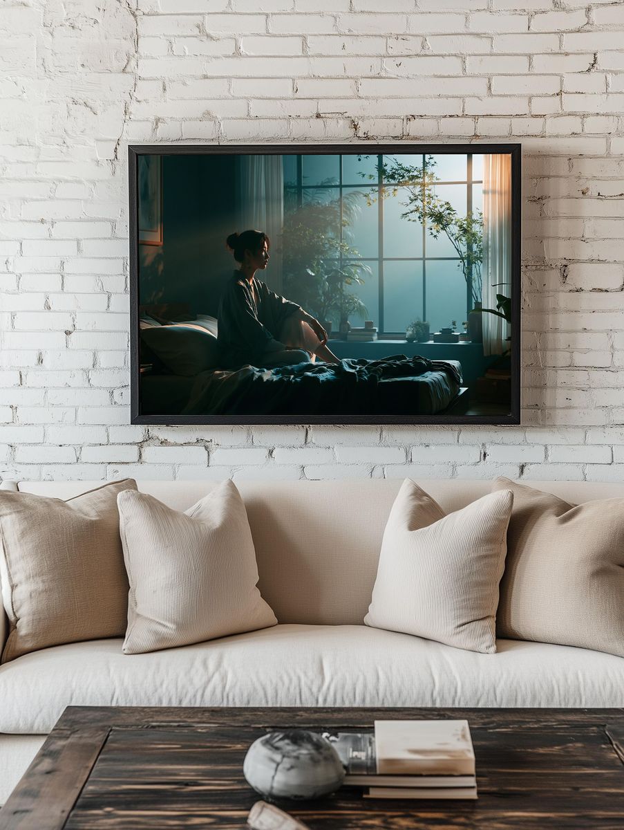 Serene Bedroom Portrait Print. room preview