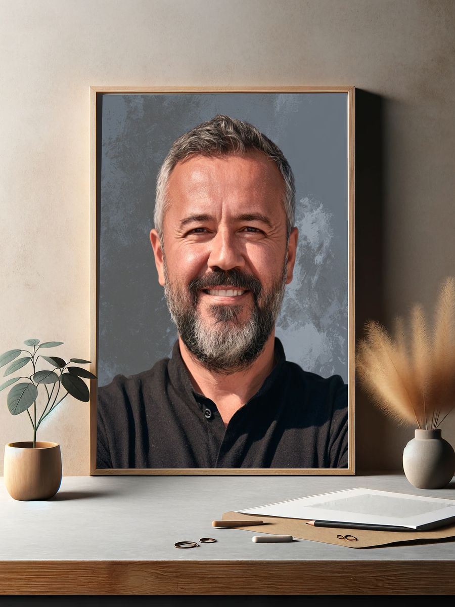 Smiling Bearded Man Portrait Print. — room view 2