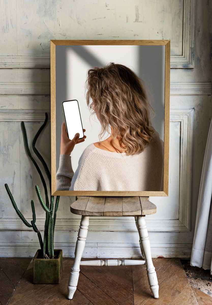 Woman Holding Phone Photography Poster. — room view 1