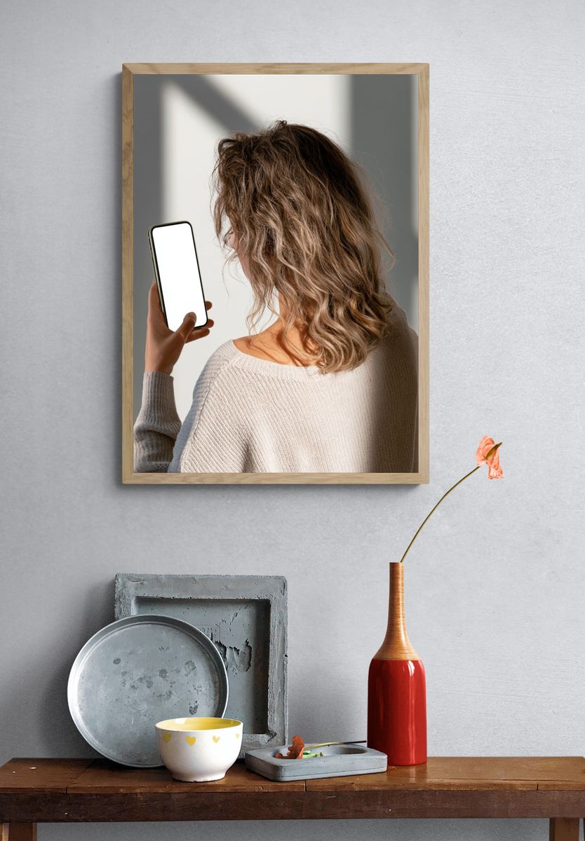 Woman Holding Phone Photography Poster. — room view 3