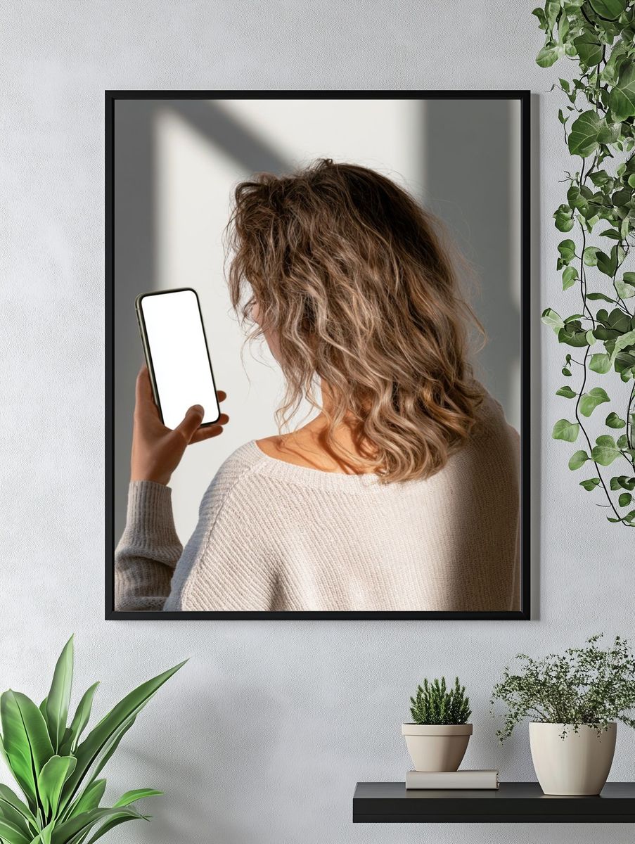 Woman Holding Phone Photography Poster. — room view 4