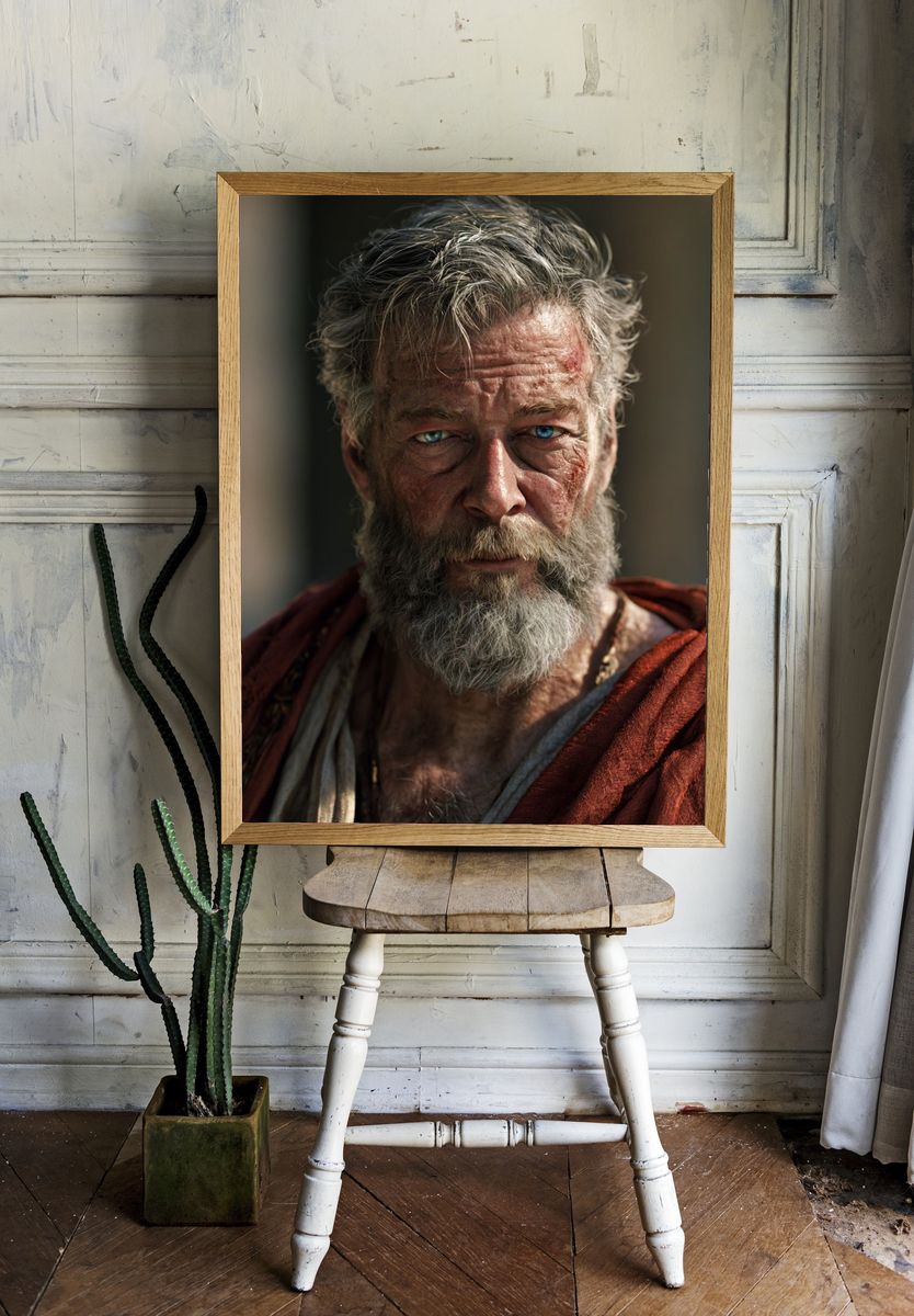 Stoic Bearded Man Portrait Print. room preview