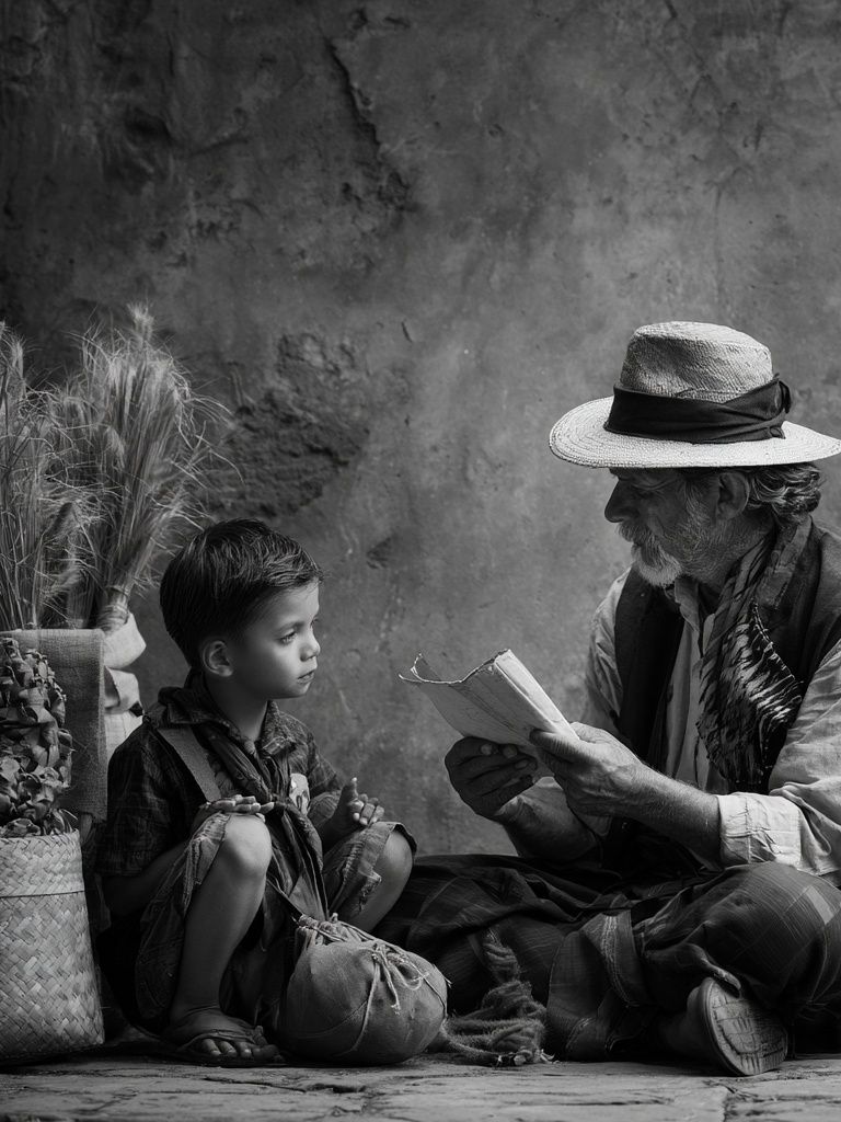 Village Storytelling Black-White Poster. poster — photography art