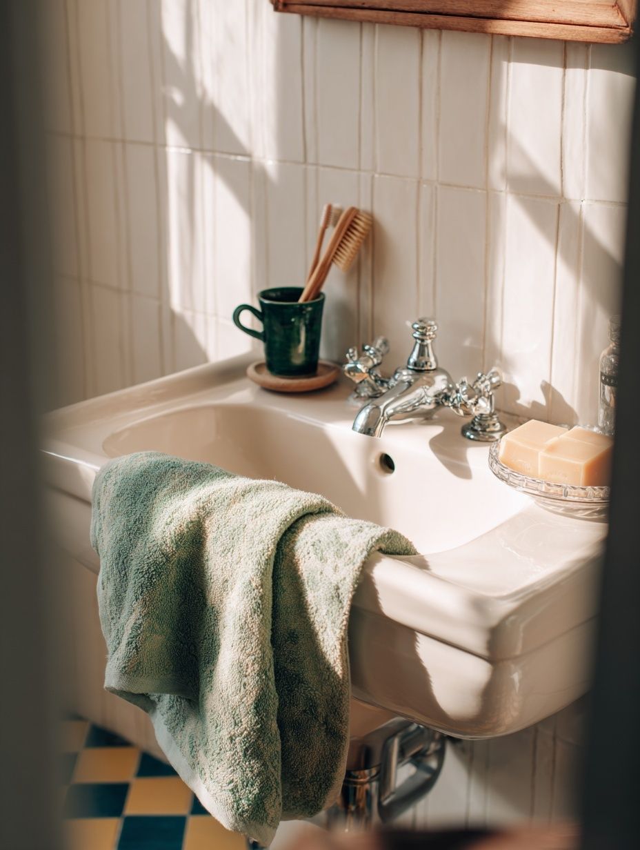 Sunlit Bathroom Sink Photography Poster.
