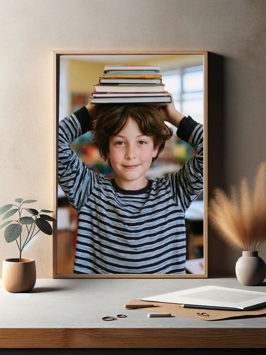 Boy with Books Photography Poster. — room view 2