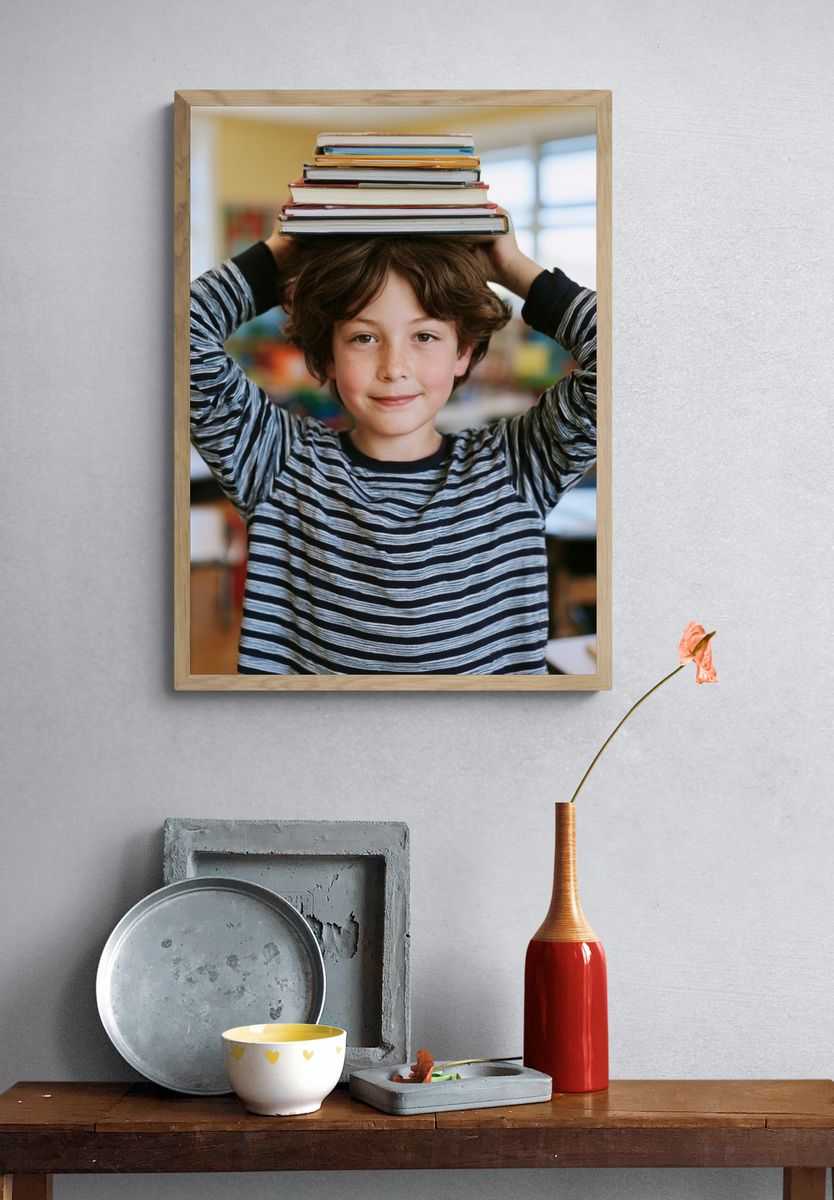 Boy with Books Photography Poster. — room view 3