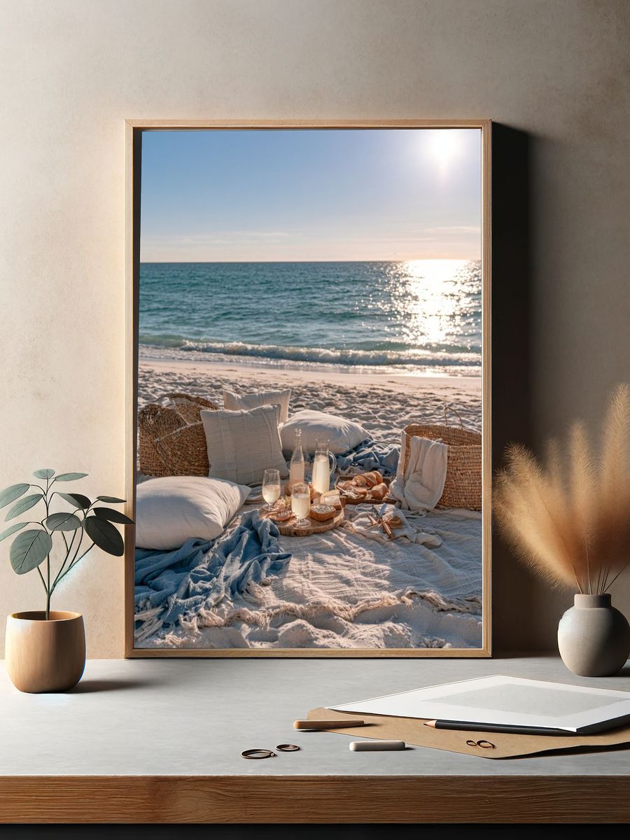 Sunlit Beach Picnic Photography Poster. — room view 2