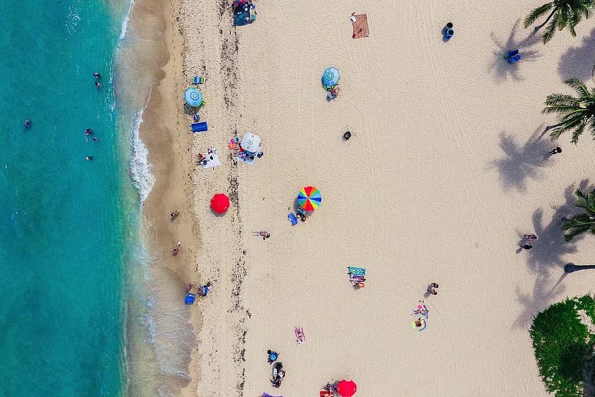 aerial shot tourists sunbathing sand. poster — photography art