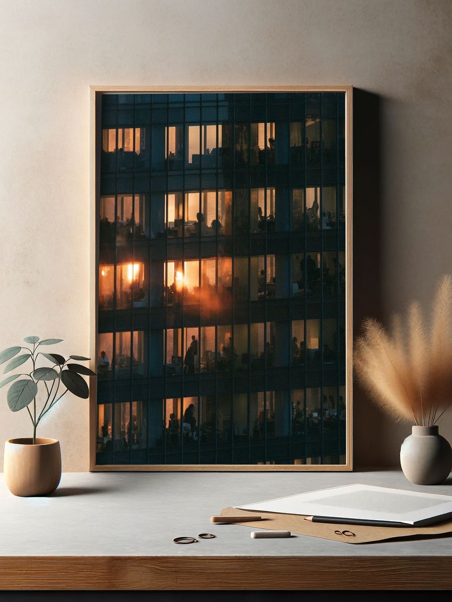 Office Windows at Dusk Photography Poster. — room view 2