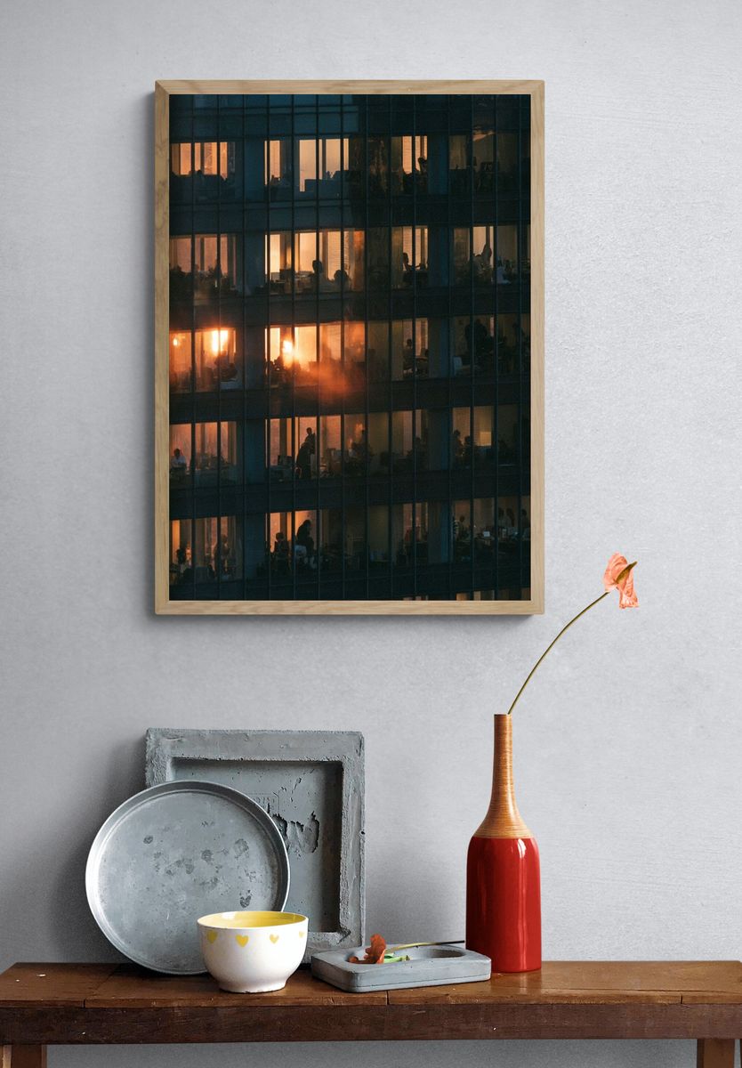 Office Windows at Dusk Photography Poster. — room view 3