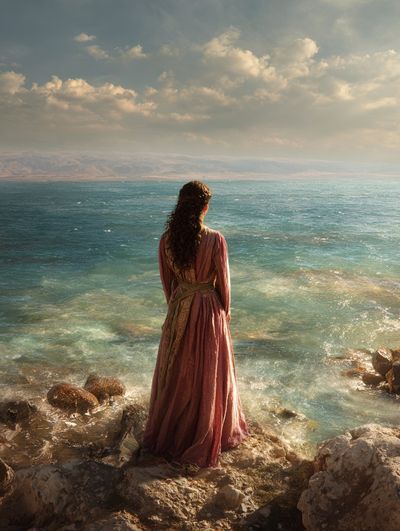 Seaside Woman in Pink Dress Poster. poster print