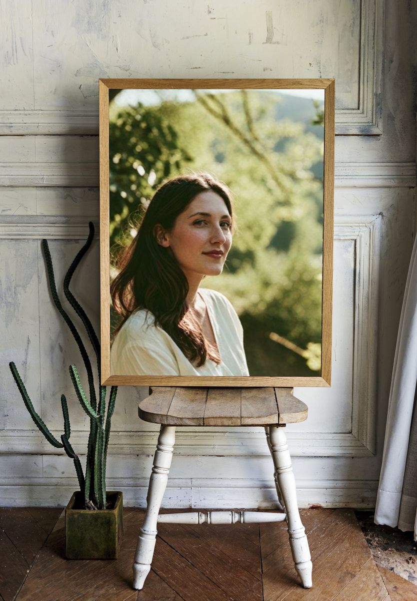 Woman in Sunlit Garden Portrait Print. — room view 1