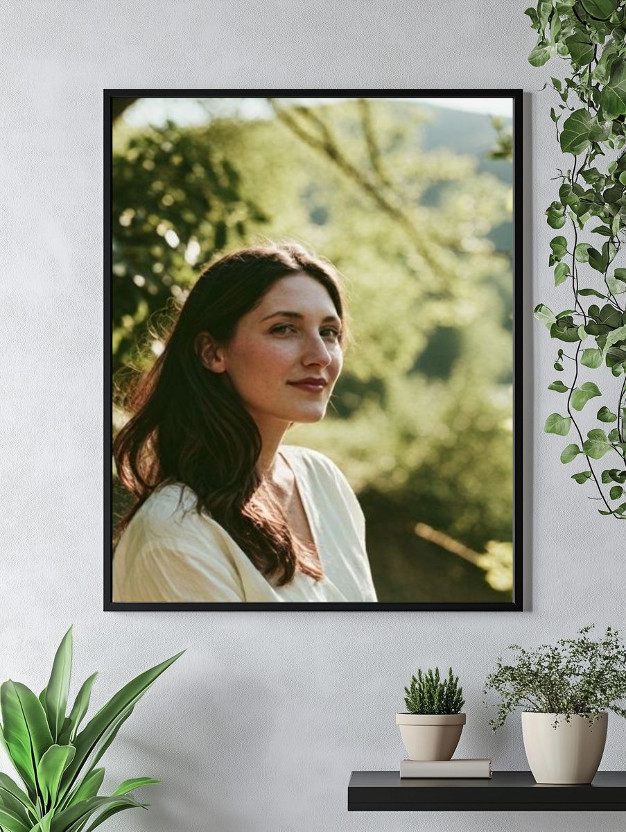 Woman in Sunlit Garden Portrait Print. — room view 4