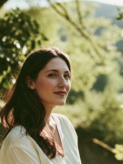Woman in Sunlit Garden Portrait Print. poster