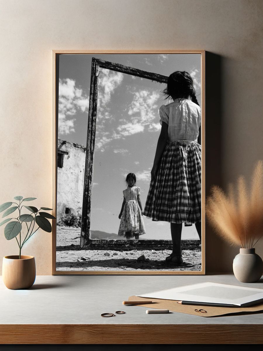Girl in Mirror Black-White Poster. — room view 2