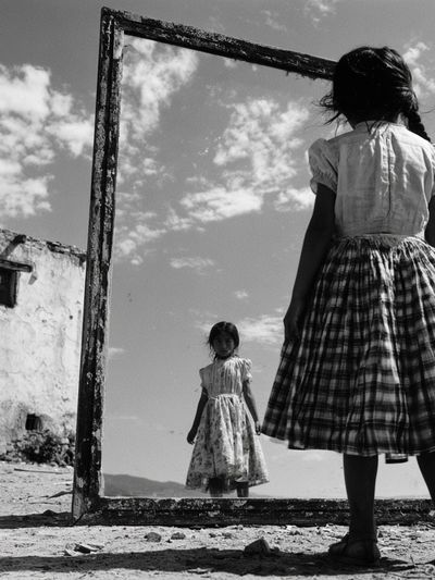 Girl in Mirror Black-White Poster. poster