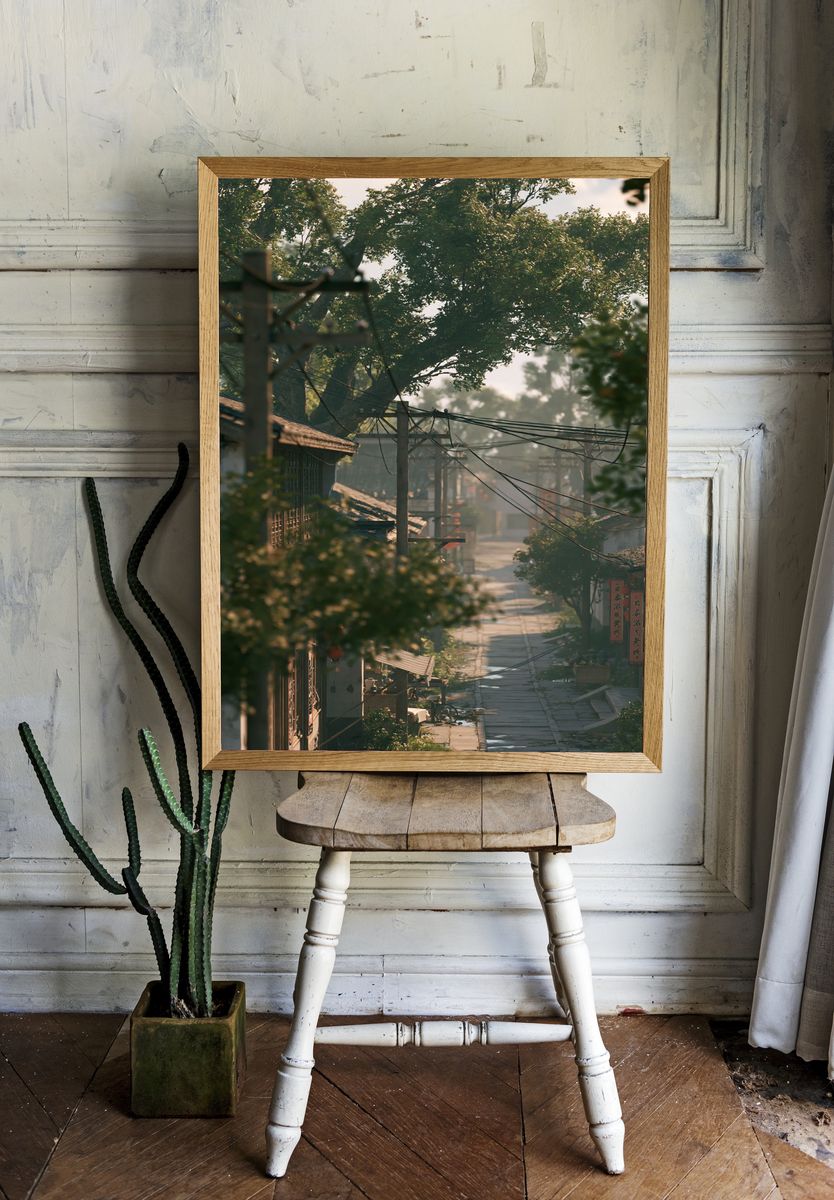 Misty Village Street Photography Poster. — room view 1