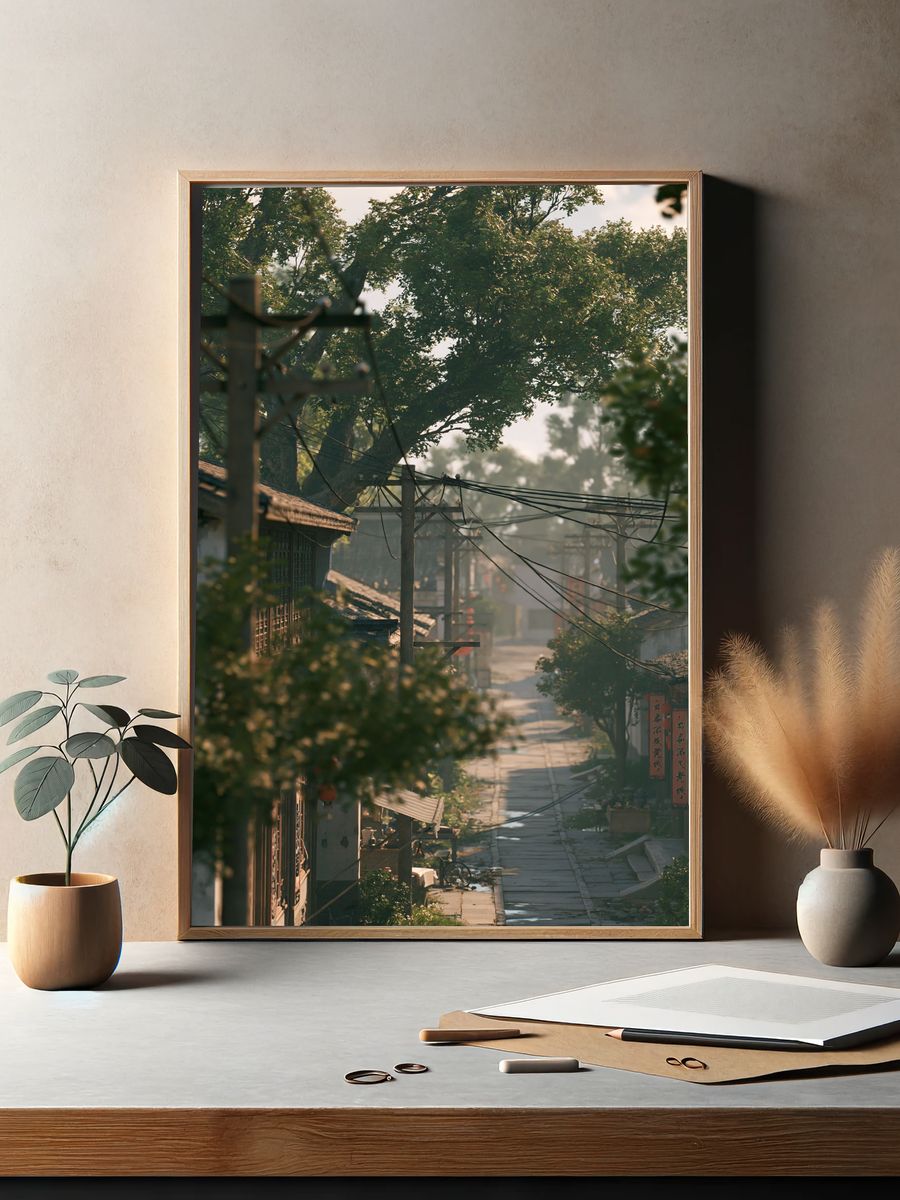 Misty Village Street Photography Poster. — room view 2