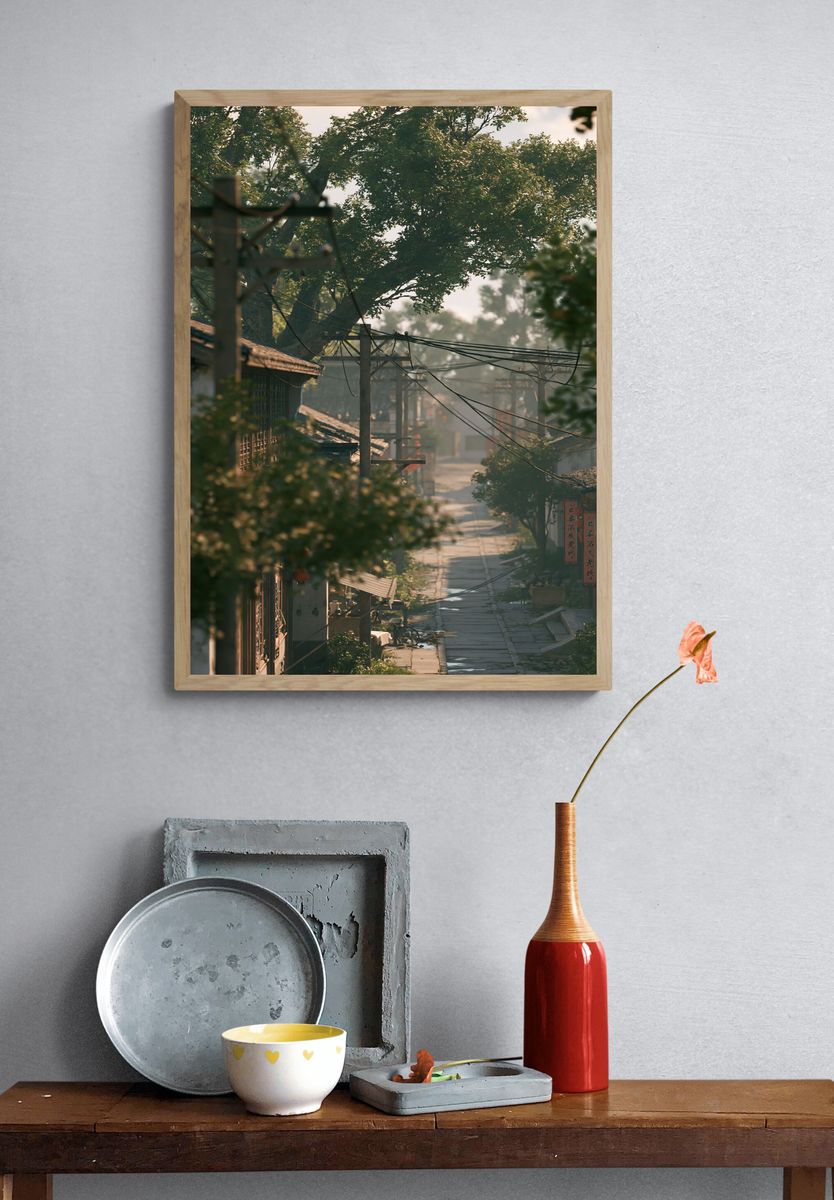 Misty Village Street Photography Poster. — room view 3