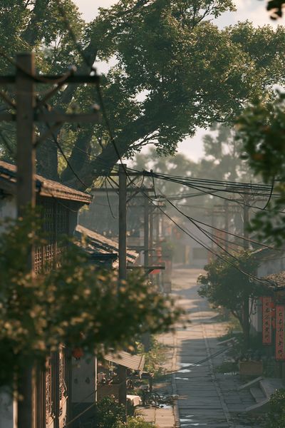 Misty Village Street Photography Poster.