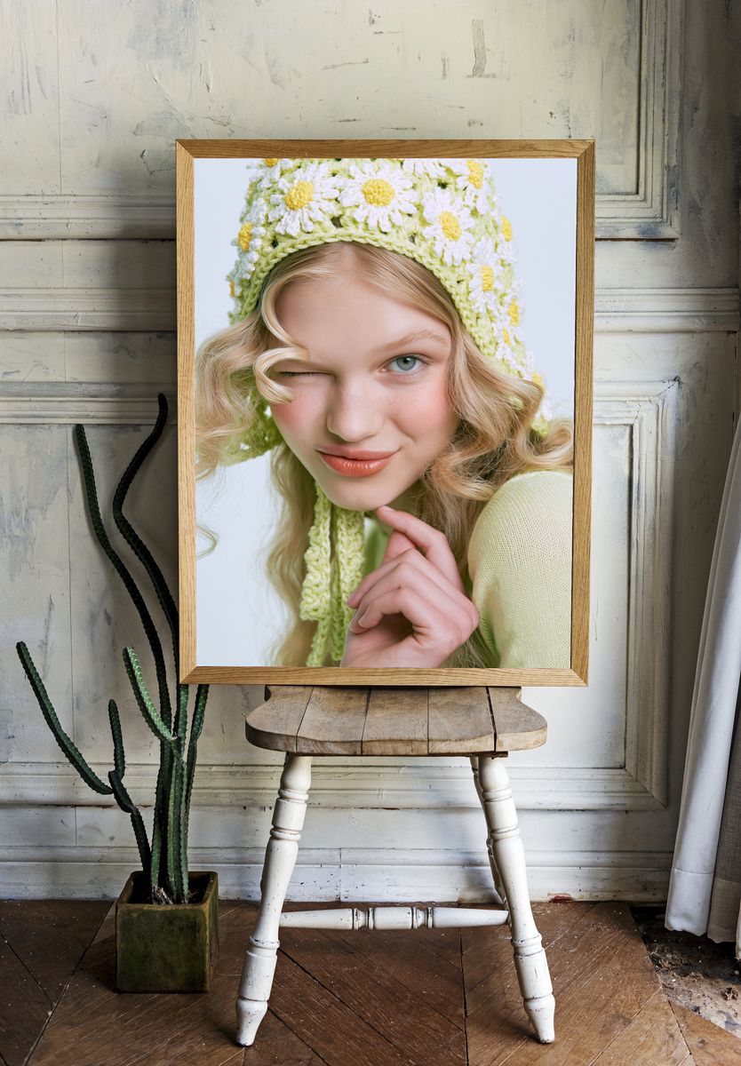 Blonde Portrait in Daisy Knit Poster. — room view 1