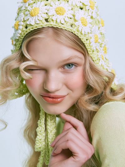 Blonde Portrait in Daisy Knit Poster. poster