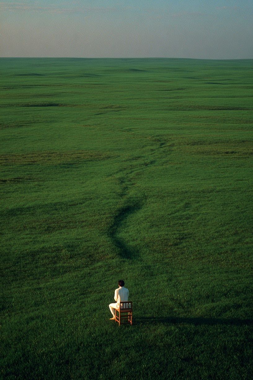 Solitary Figure in Green Field Poster. poster detail