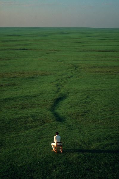 Solitary Figure in Green Field Poster. poster