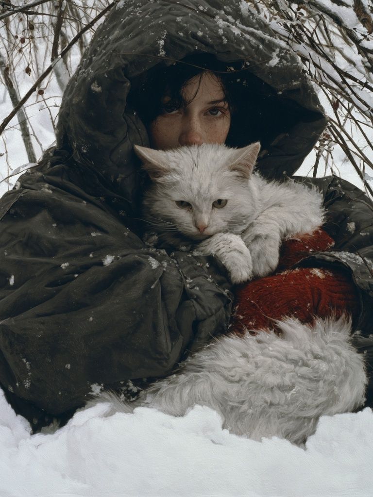 Winter Portrait with White Cat Poster. poster — photography art
