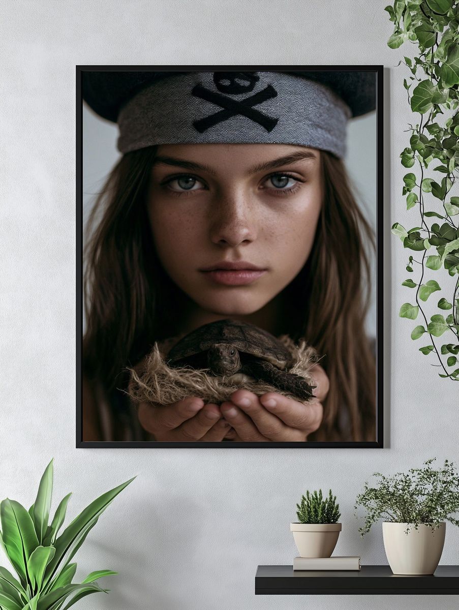 Girl with Turtle Portrait Print. — room view 4