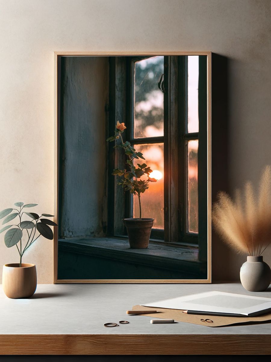 Sunset Window Plant Photography Poster. — room view 2