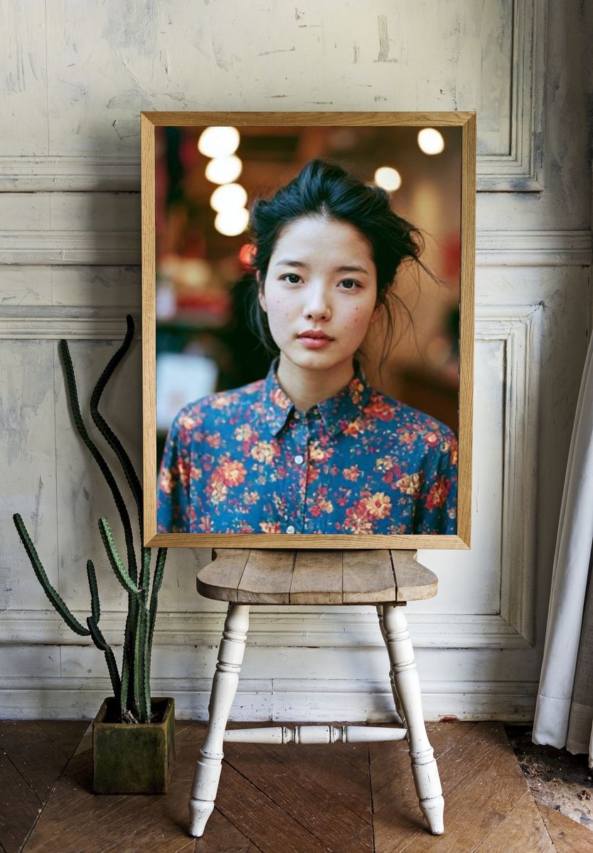Portrait in Floral Shirt Photography Poster. room preview