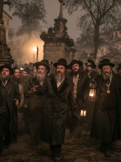 Hasidic Men in Foggy Street Poster.