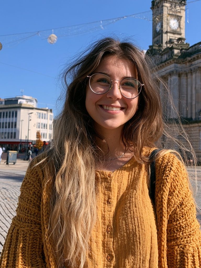 Smiling Woman in City Square Poster. poster detail