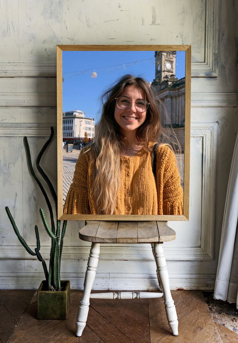 Smiling Woman in City Square Poster. — room view 1