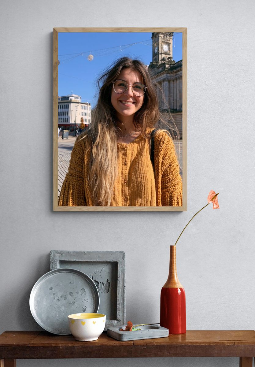 Smiling Woman in City Square Poster. — room view 3