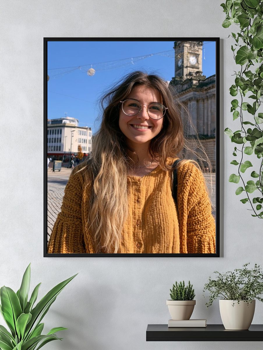 Smiling Woman in City Square Poster. — room view 4