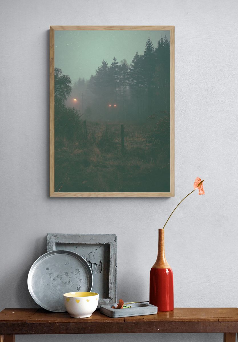 Misty Forest at Dusk Photography Poster. — room view 3