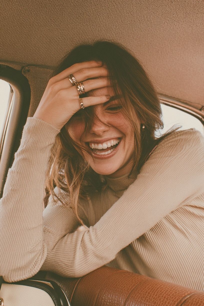 Smiling Woman in Car Photography Poster. poster detail