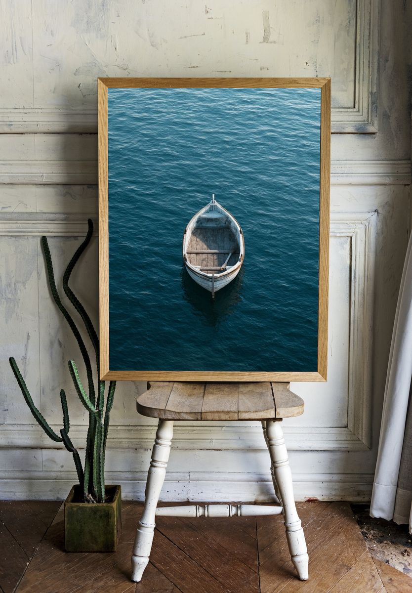Solitary Boat at Sea Photography Poster. — room view 1