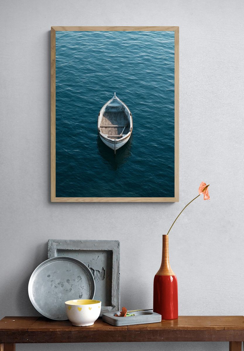 Solitary Boat at Sea Photography Poster. — room view 3