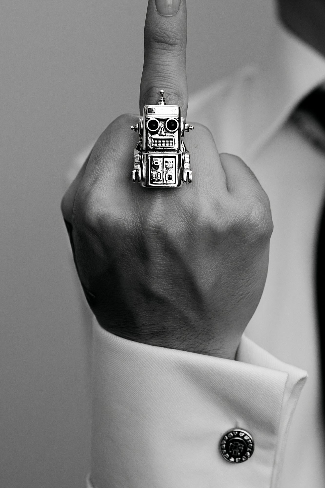 Robot Ring Hand Black-White Print. poster detail