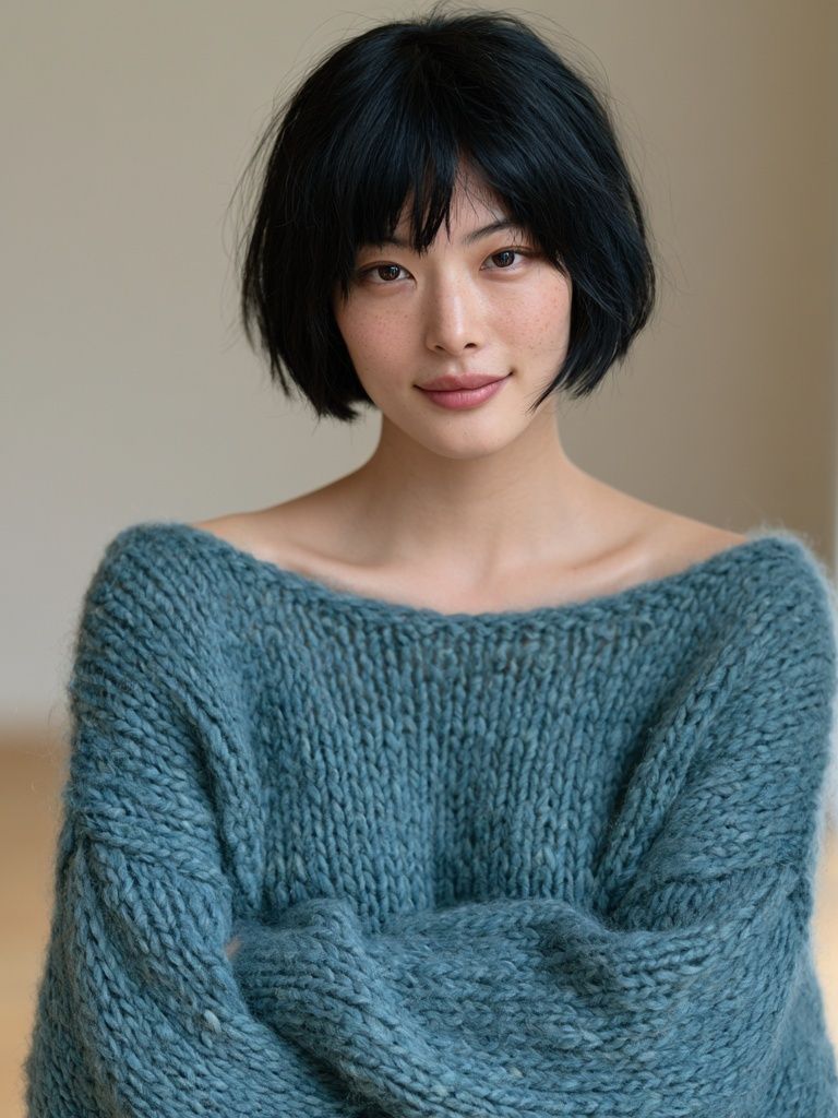 Soft Portrait in Blue Knit Poster. poster detail