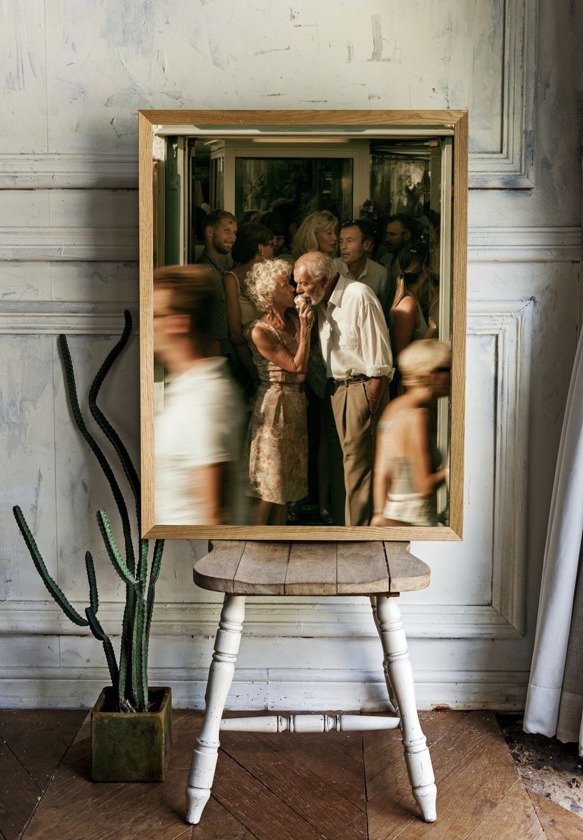 Sunlit Street Kiss Photography Poster. — room view 1