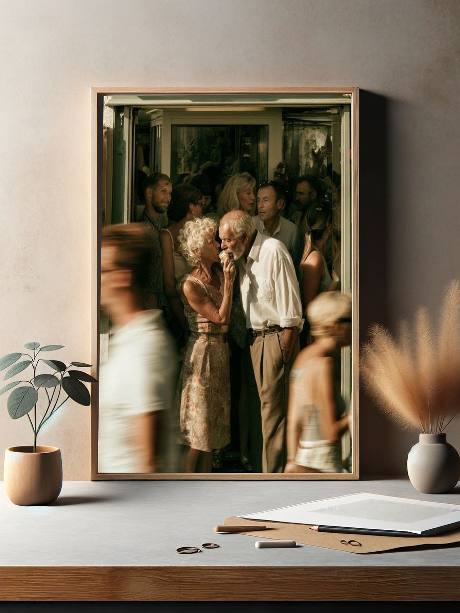 Sunlit Street Kiss Photography Poster. — room view 2