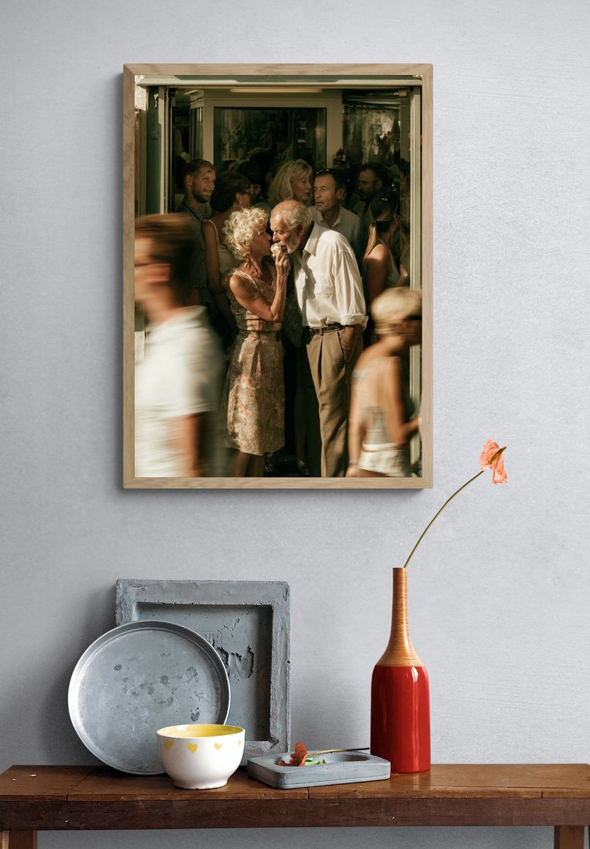 Sunlit Street Kiss Photography Poster. — room view 3