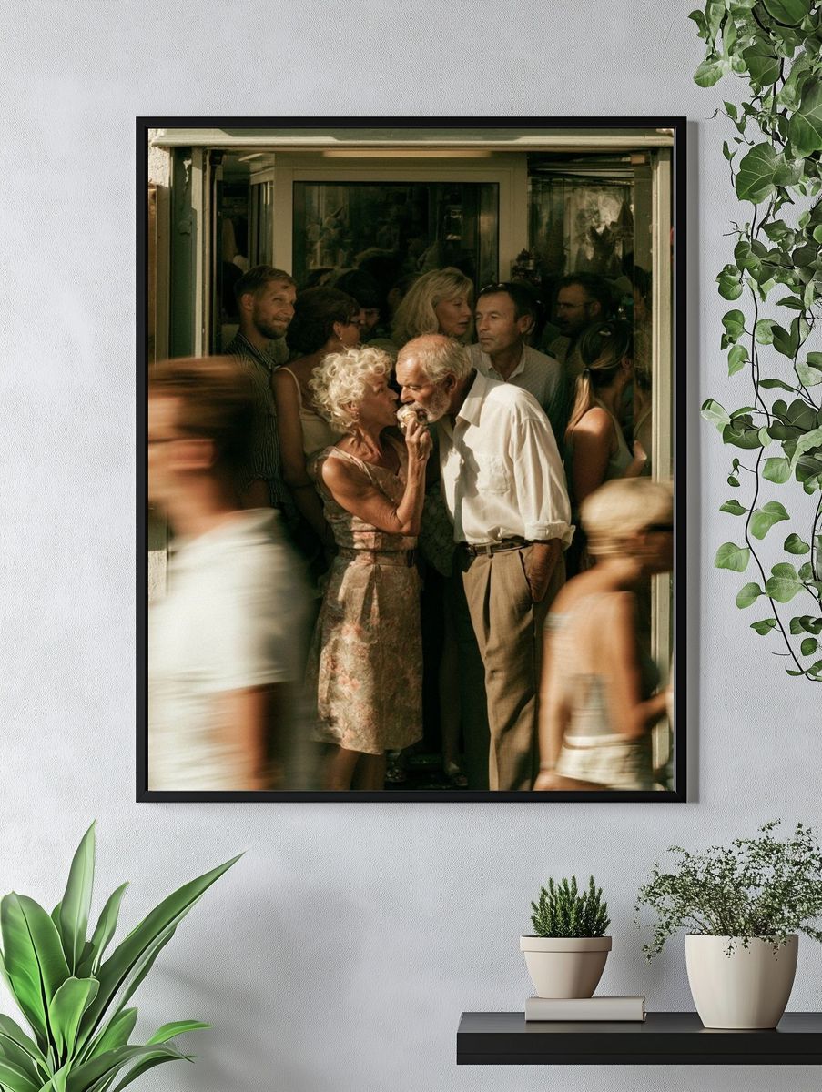 Sunlit Street Kiss Photography Poster. — room view 4