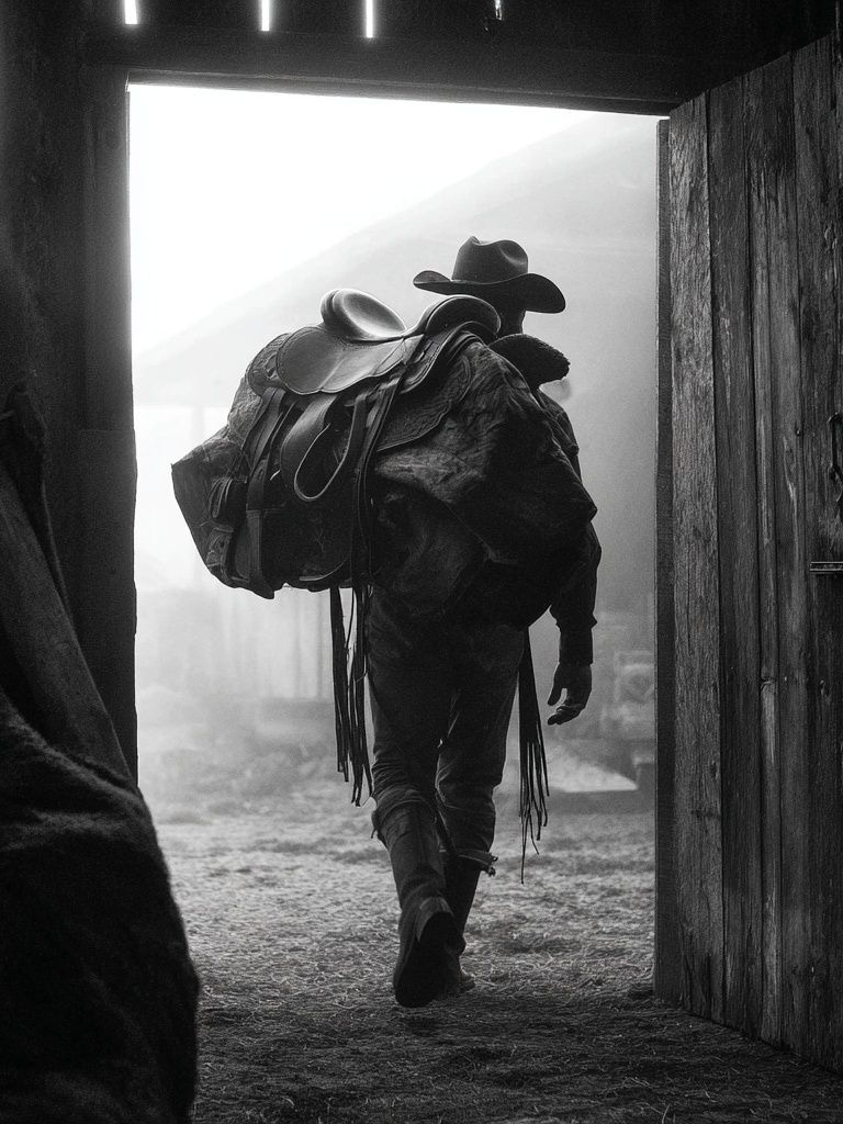 Cowboy in Barn Doorway Black-White Poster. poster detail